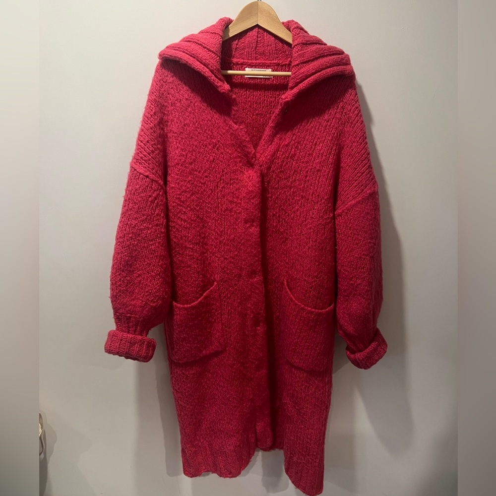 Anthropologie Brushed Cardigan Knit Sweater Coat Large Neon Pink - Picture 4 of 9